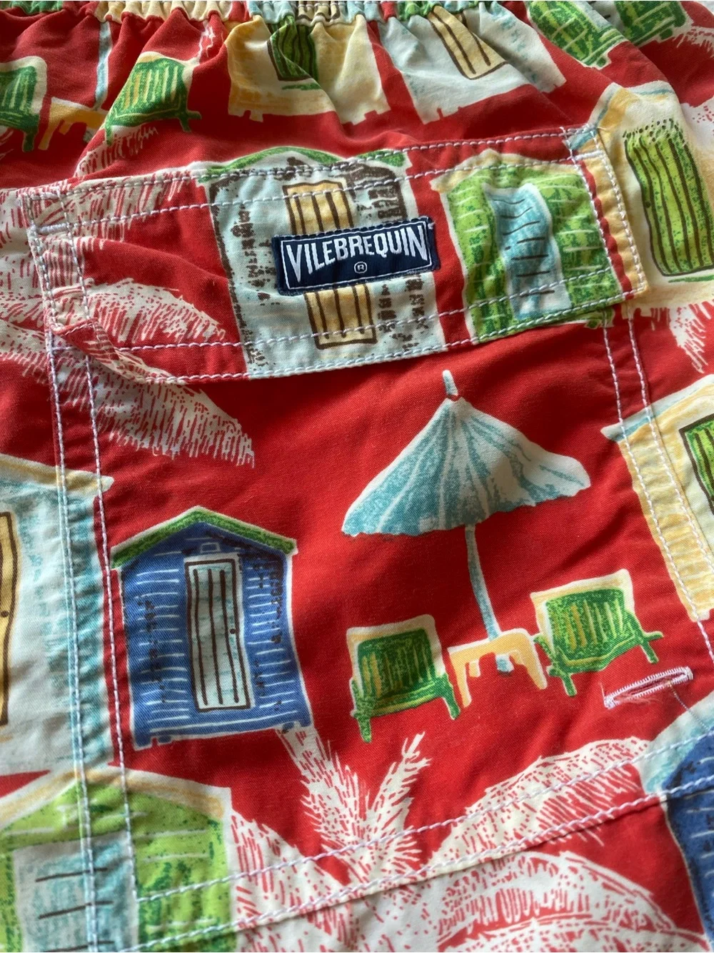 Vilebrequin Red Beach Hut Swim Trunks Palm Tree Drawstring Preppy Print Medium